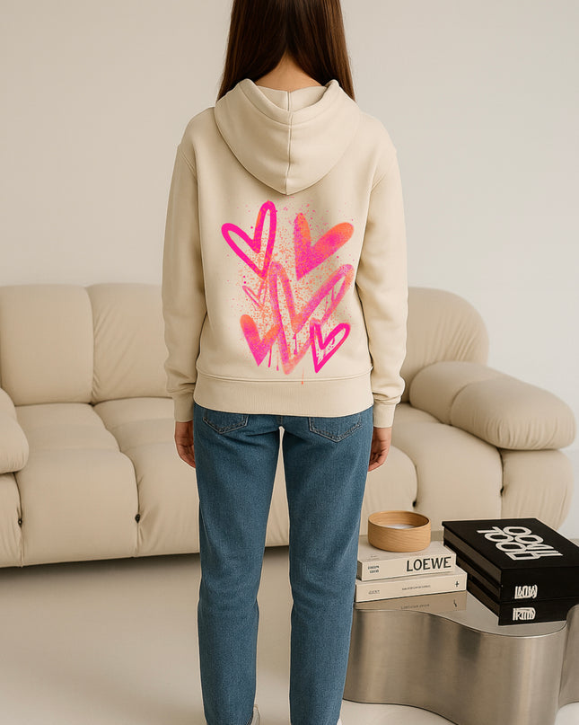 Neon Pink And Orange Scatter Hearts Printed Hoodie