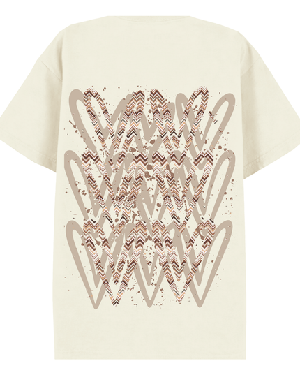 Beige Zig Zag Heart Printed T-shirt Adult