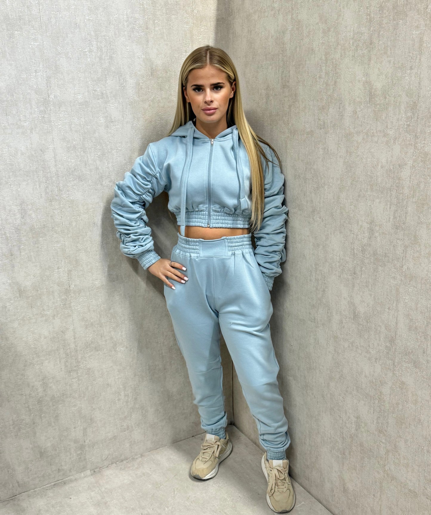 Cropped Ruched Hooded Tracksuit Light Blue