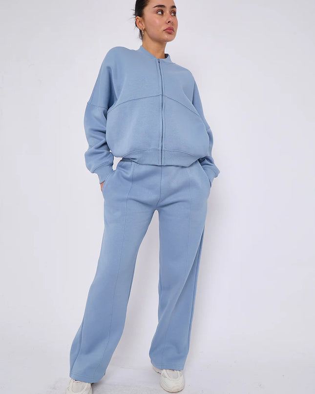 Oversized Bomber Style Fleece Zipper Co-ord Forest Denim Blue