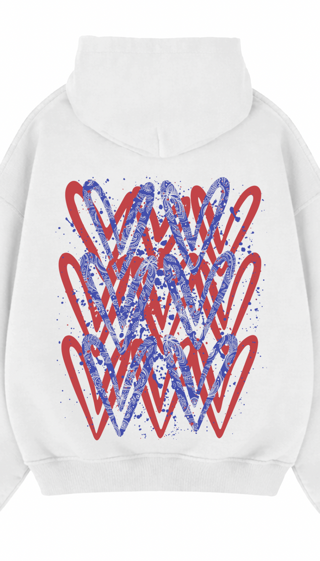 Red/Royal Paisley graffiti heart hoodie with spray paint effect print – women's hoodie by Miss Runway