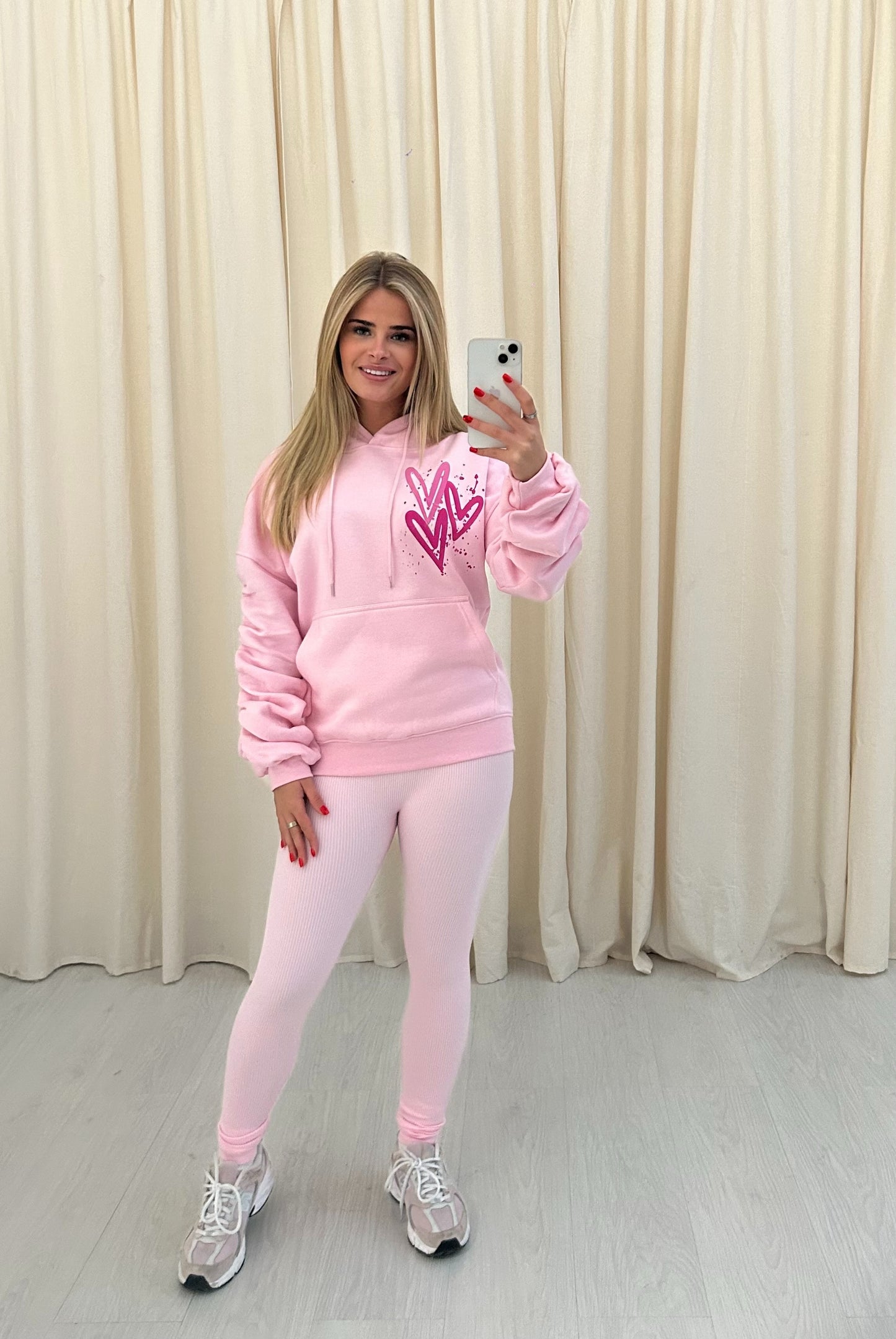 Miss Runway Pink Heart Graffiti Ruched Hoodie And Legging Set Pink