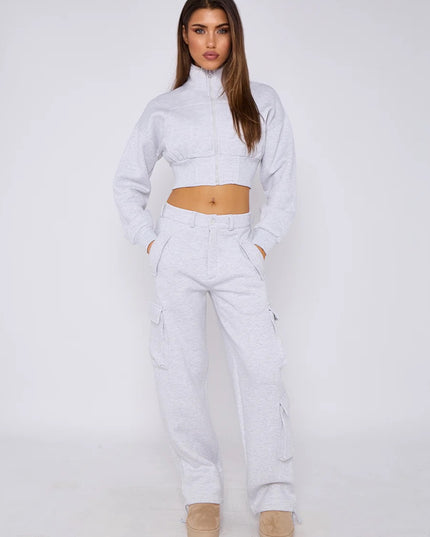 Cropped Zip Up Sweatshirt & Cargo Trouser Tracksuit Ash Grey