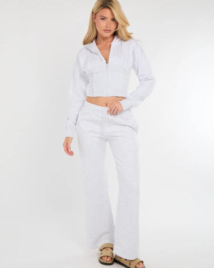 Cropped Zip Up Hood Sweatshirt & Wide Leg Trouser Tracksuit Ash Grey