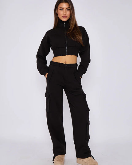 Cropped Zip Up Sweatshirt & Cargo Trouser Tracksuit Black