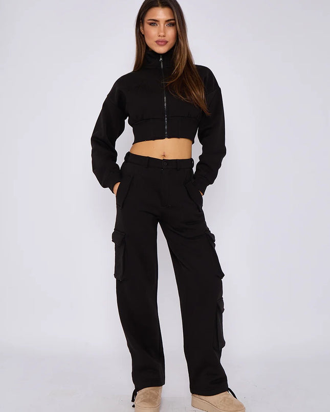Cropped Zip Up Sweatshirt & Cargo Trouser Tracksuit Black