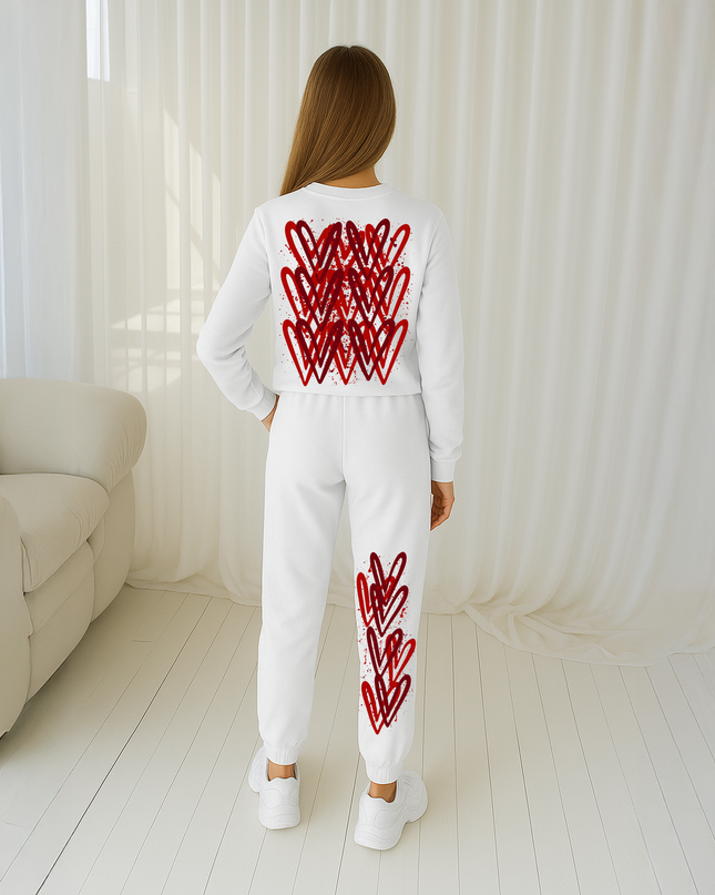 Deep Red Hearts Printed Sweatshirt Tracksuit Kids