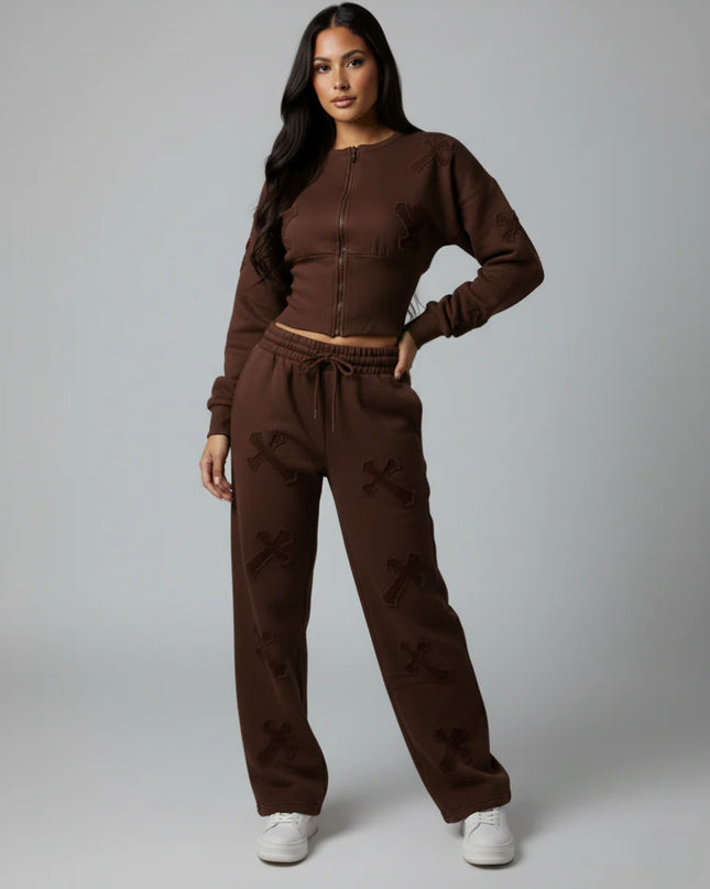 Crucifix Embroidered Crop Top Fleece Co-ord Chocolate Brown