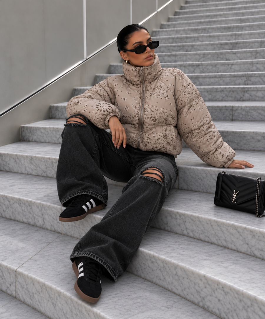 Paisley Puffer Jacket in Beige – women's one size puffer coat by Miss Runway