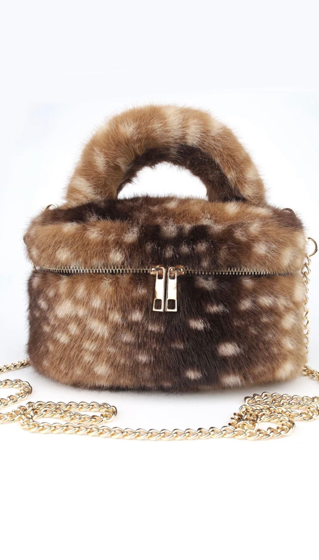 Faux Fur Vanity Bag in Deer Print – fluffy makeup bag by Miss Runway
