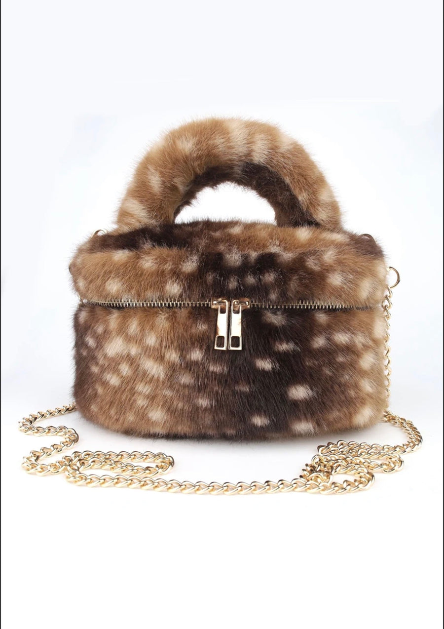 Faux Fur Vanity Bag in Deer Print – fluffy makeup bag by Miss Runway