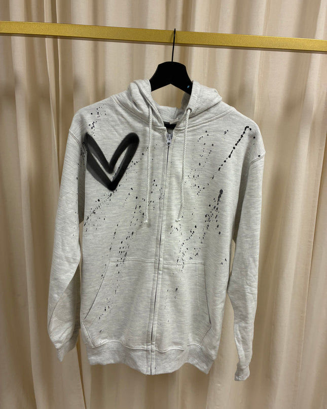 Charcoal Grey Hearts Spray Painted Zip Up Ash Grey Hoodie Adults