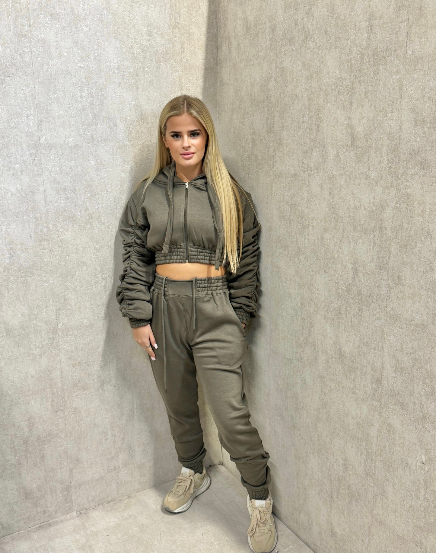 Cropped Ruched Hooded Tracksuit Charcoal Grey