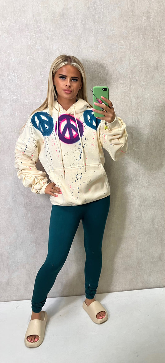 Teal/Neon Pink Peace Sprayed Ruched Hoodie Legging Set