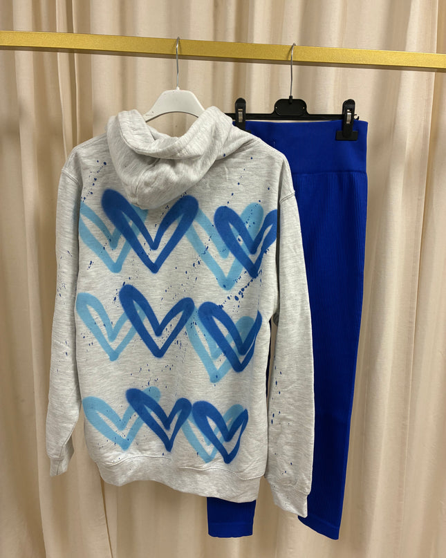Royal Blue Hearts Spray Painted Zip Up Ash Grey Hoodie Adults