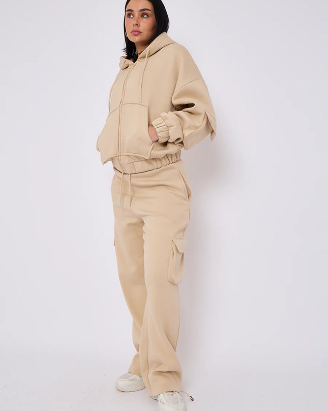 Cargo Style Zip Hooded Tracksuit Beige