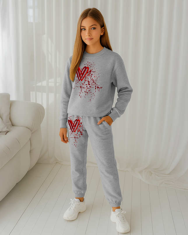 Deep Red Hearts Printed Sweatshirt Tracksuit Kids