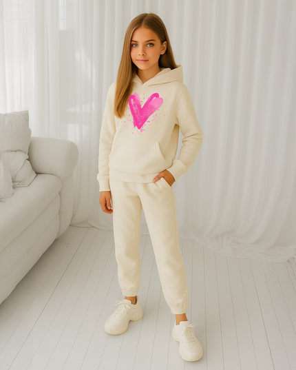 Hot Pink Scattered Hearts Printed Hooded Tracksuit Kids