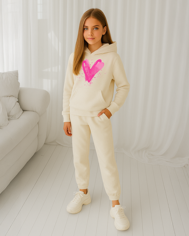 Hot Pink Scattered Hearts Printed Hooded Tracksuit Kids