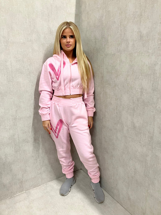 Pink Heart Cropped Zip Hooded Tracksuit