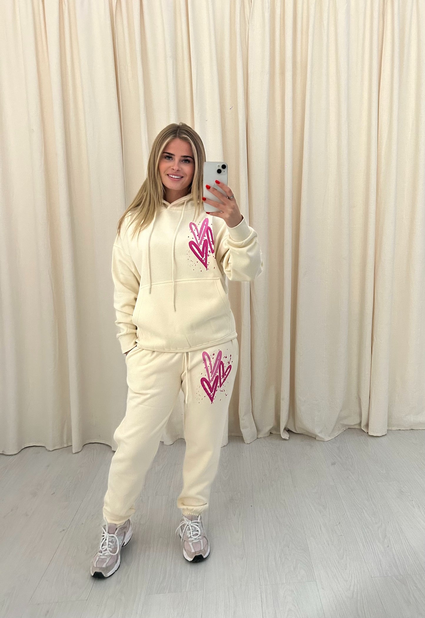 Miss Runway Pink Heart Graffiti Hooded Tracksuit Cream