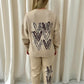 Brown Leopard Heart Graffiti Sweatshirt Tracksuit Beige