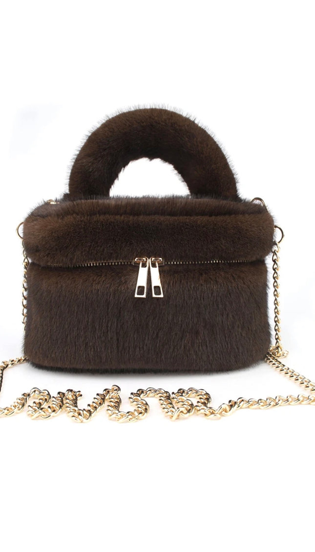 Faux Fur Vanity Bag in Brown – fluffy makeup bag by Miss Runway