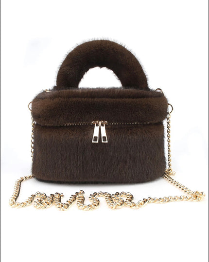 Faux Fur Vanity Bag in Brown – fluffy makeup bag by Miss Runway