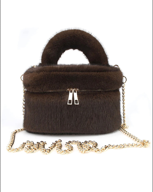 Faux Fur Vanity Bag in Brown – fluffy makeup bag by Miss Runway
