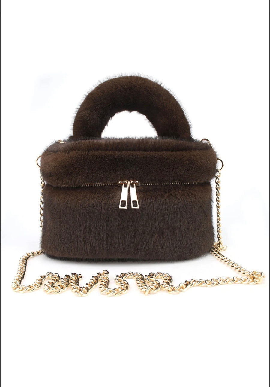 Faux Fur Vanity Bag in Brown – fluffy makeup bag by Miss Runway
