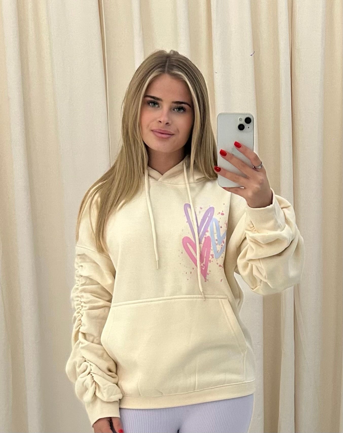 Miss Runway Pastel Heart Graffiti Ruched Hoodie Cream