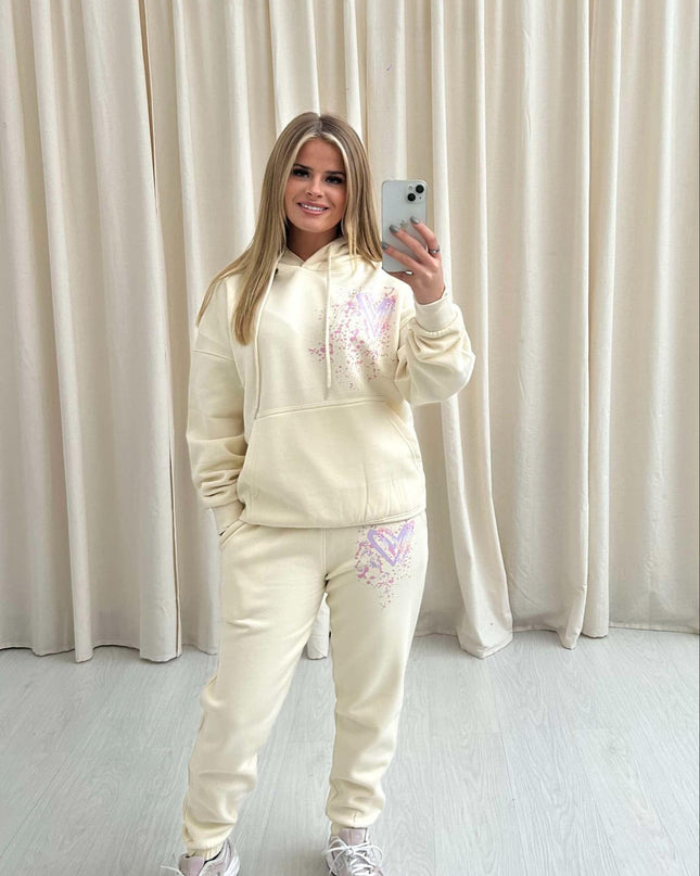 Pastel Leopard Heart Graffiti Hooded Tracksuit Cream