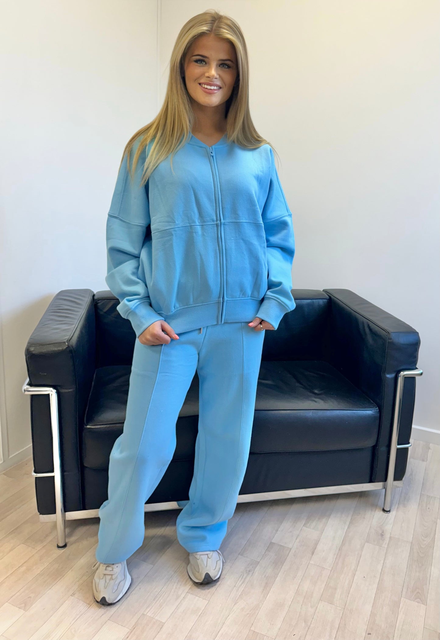 Blue Oversized Bomber Style Fleece Zipper Co-ord