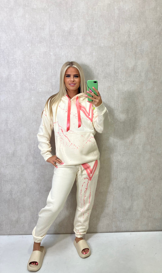 Coral Heart Sprayed Cream Ribbon Hooded Tracksuit