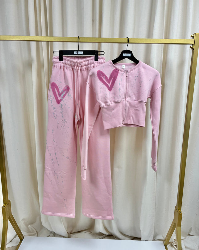 Pink Heart Spray Painted Cropped Tracksuit Adult