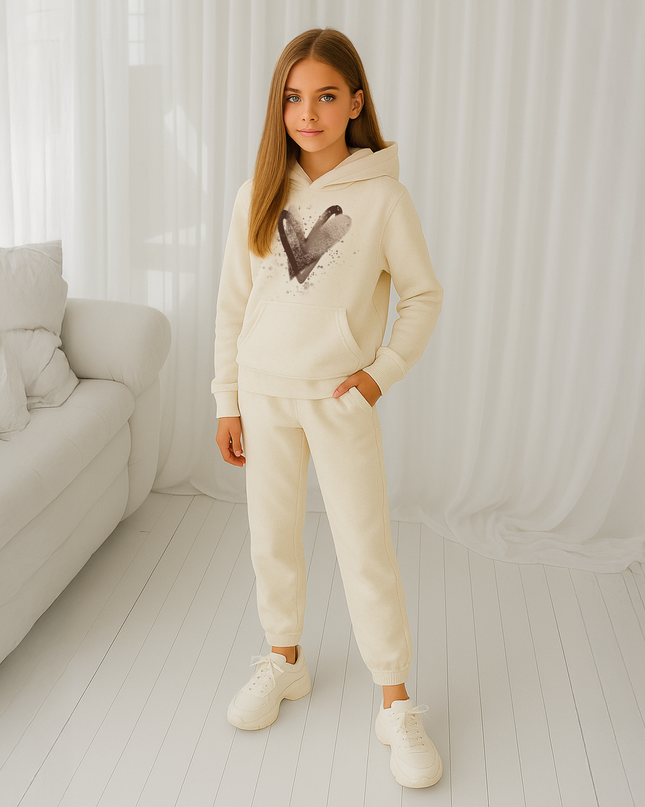 Brown Scattered Hearts Printed Hooded Tracksuit Kids