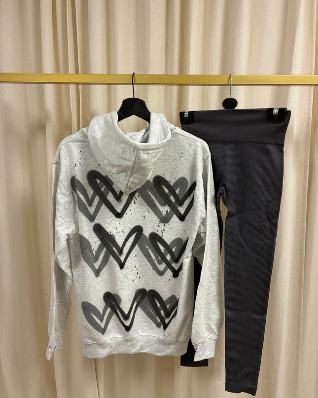 Charcoal Grey Hearts Spray Painted Zip Up Ash Grey Hoodie & Leggings Adults
