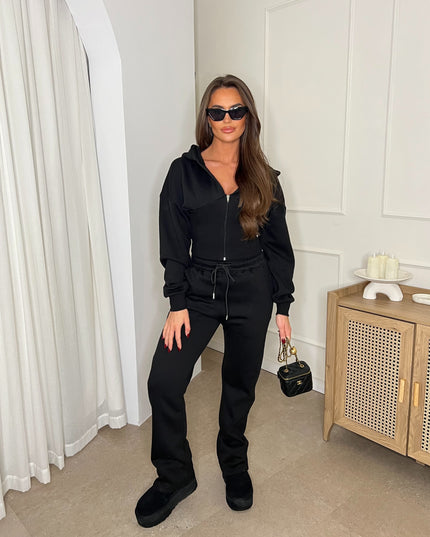 Cropped Zip Up Hood Sweatshirt & Wide Leg Trouser Tracksuit Black