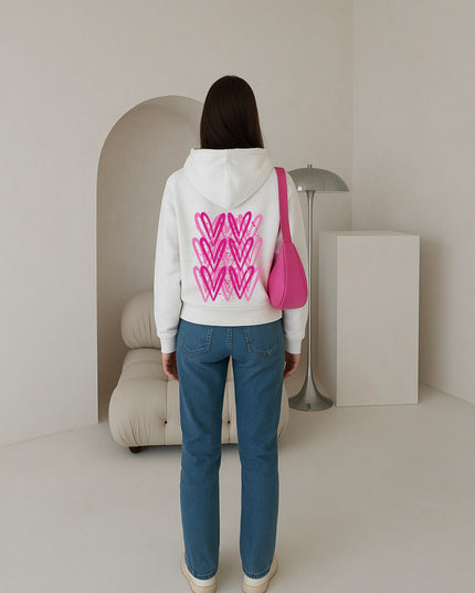 Hot Pink Heart Printed Hoodie