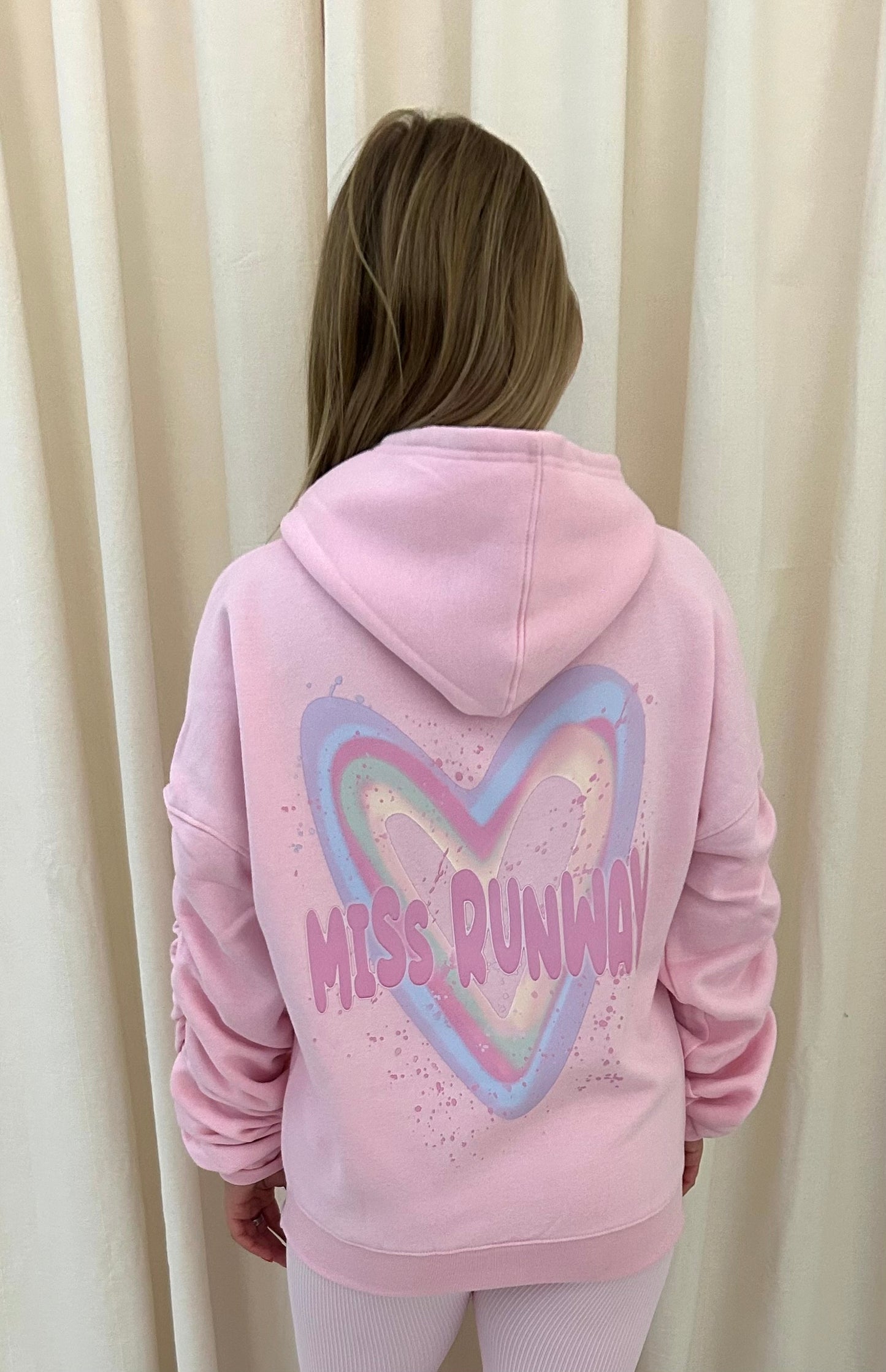 Miss Runway Pastel Heart Graffiti Ruched Hoodie Pink