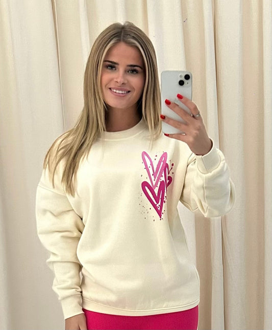 Miss Runway Pink Heart Graffiti Sweatshirt Cream