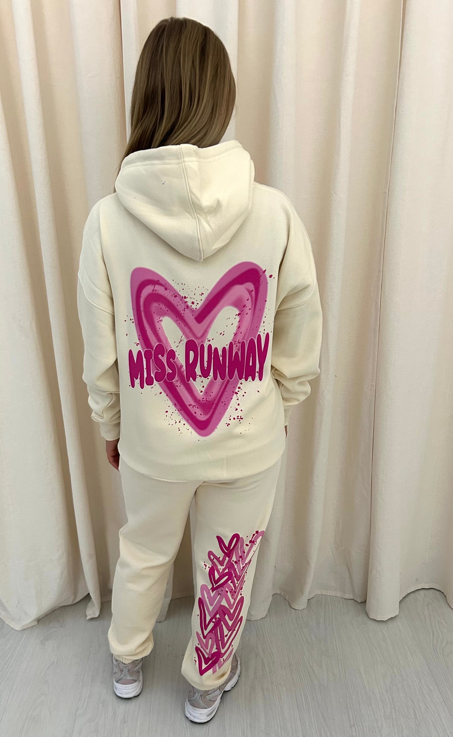 Miss Runway Pink Heart Graffiti Hooded Tracksuit Cream