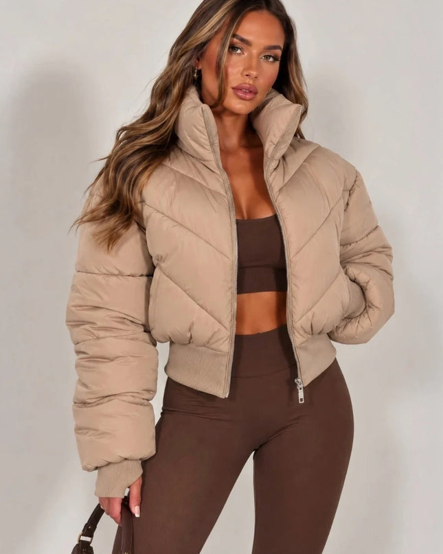 Cropped Puffer Jacket in Beige – women's short padded jacket by Miss Runway
