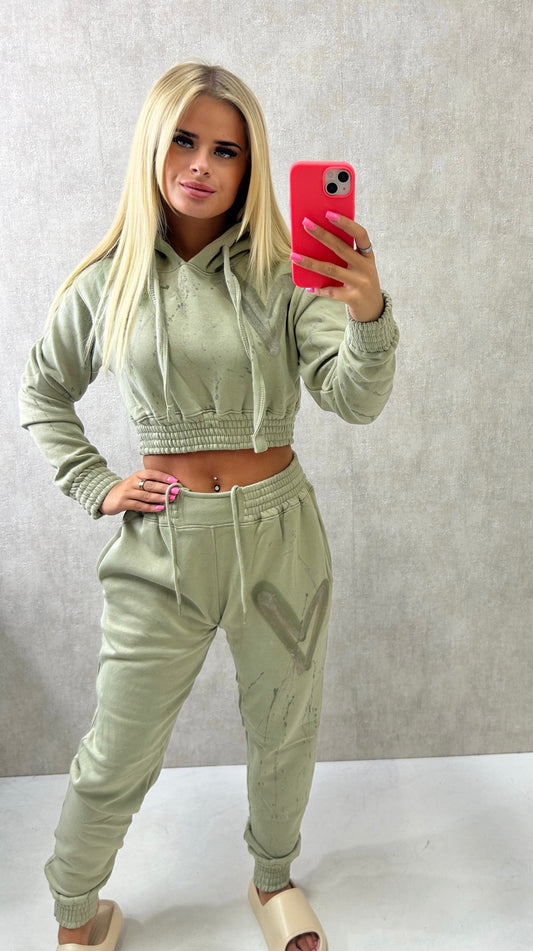 Sage Green Heart Cropped Hooded Tracksuit