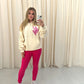 Miss Runway Pink Heart Graffiti Ruched Hoodie And Legging Set Cream