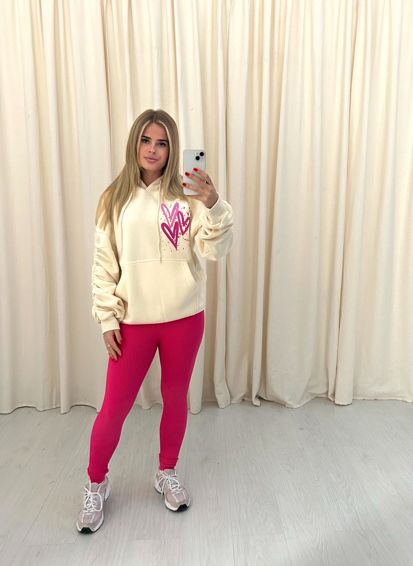 Miss Runway Pink Heart Graffiti Ruched Hoodie And Legging Set Cream