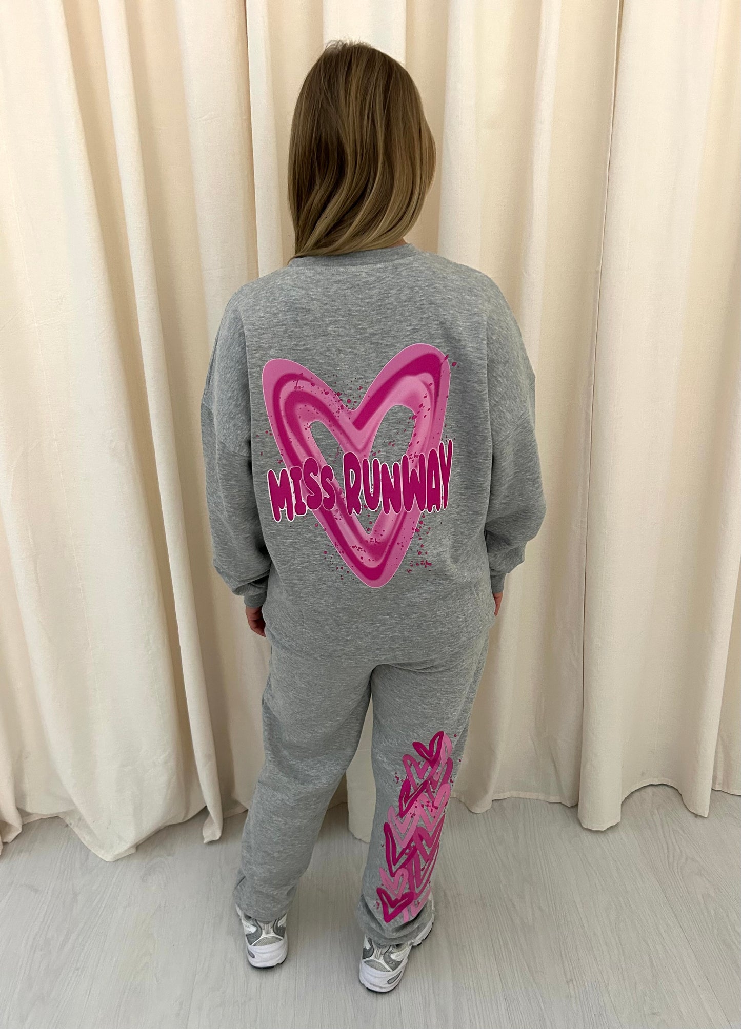 Miss Runway Pink Heart Graffiti Sweatshirt Tracksuit Grey