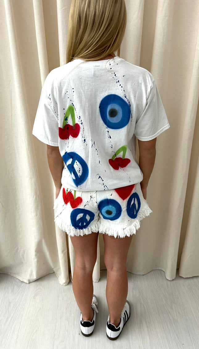 Evil Eye, Cherry, Peace Spray Painted Denim Shorts And T Shirt