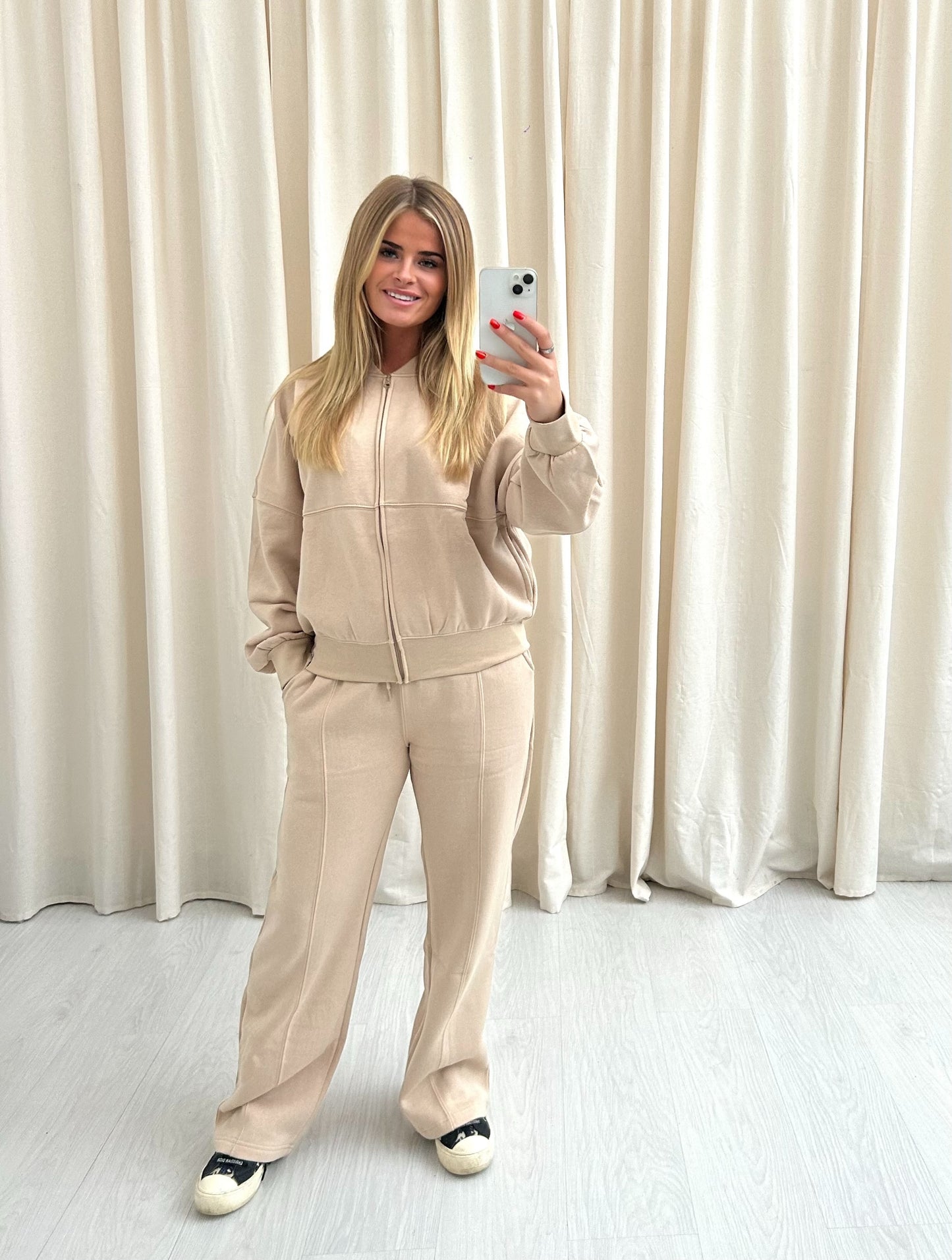 Beige Oversized Bomber Style Fleece Zipper Co-ord