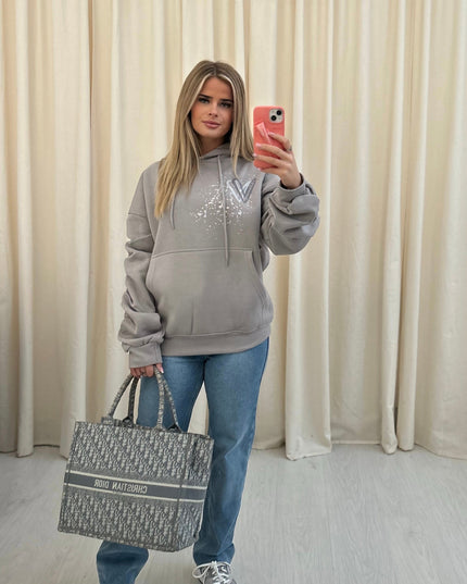 Grey Heart Printed Ruched Hoodie